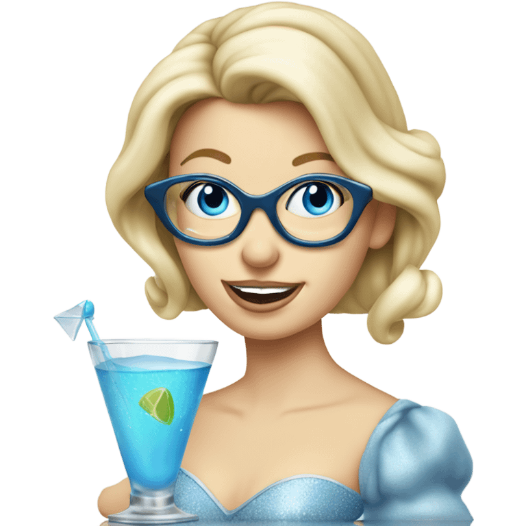 1990's Pale Cinderella with blue eyes wearing glasses drinking a cocktail  emoji