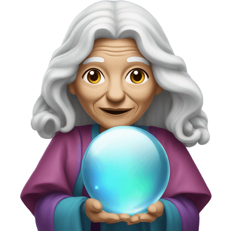 Wise Old Lady Fortune teller with crystal ball looking into the camera smiling emoji