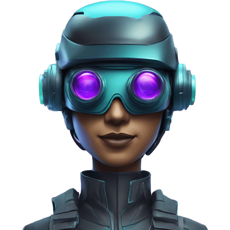 Secret human agent in a futuristic hat with in Apple VR goggles headset code display on the goggles , cyberpunk, cyan and purple colors, only upper body portrait, front facing the camera  emoji