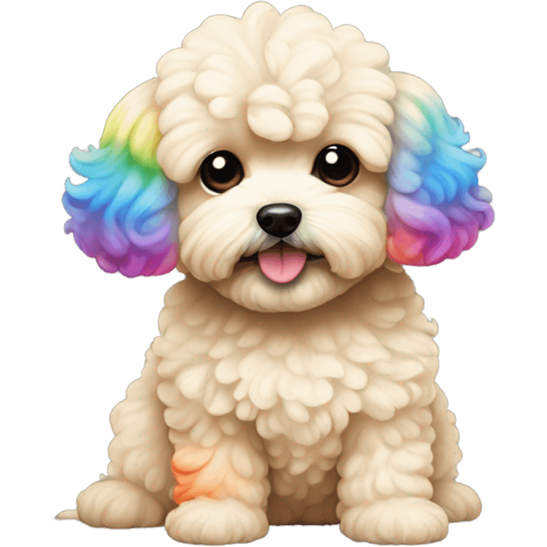 Cream colored maltipoo with rainbow tail emoji