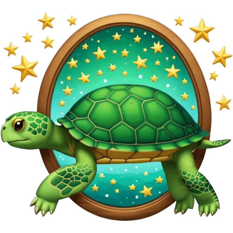 Turtle reflection in a mirror with stars emoji