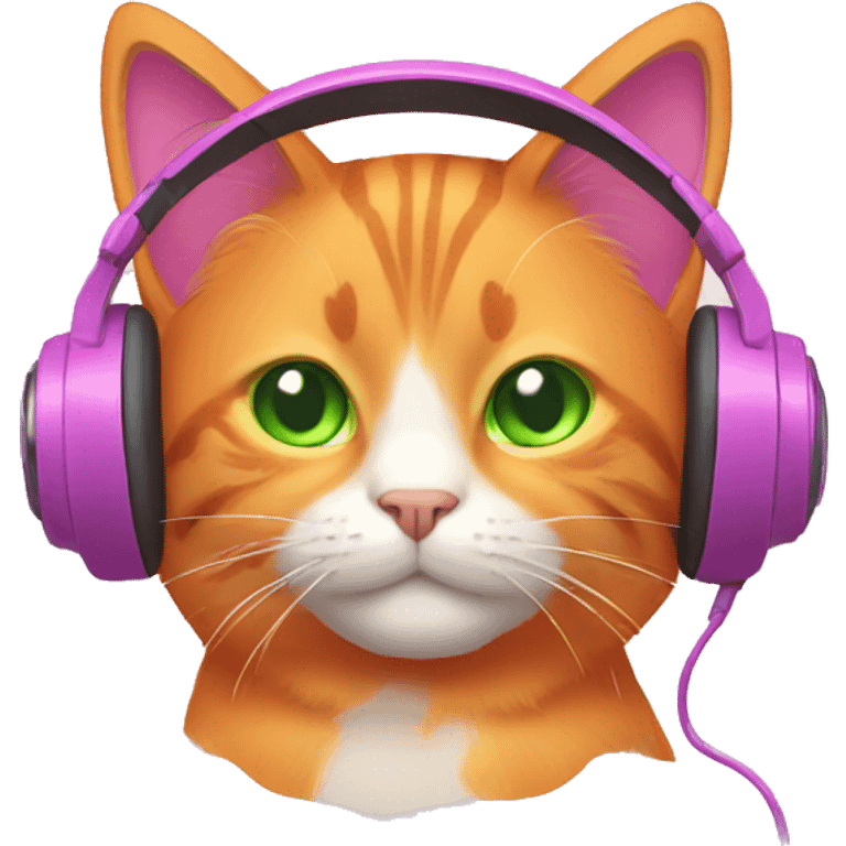 orange cat with green eyes with pink headphones emoji