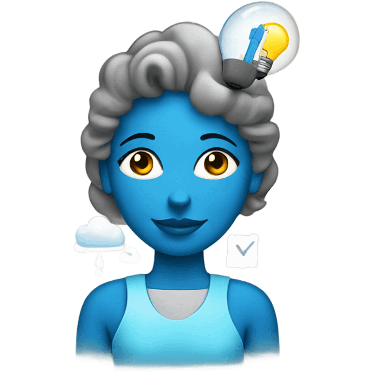 a tech girl with drawing tools, light bulb, cloud, blue heart emoji