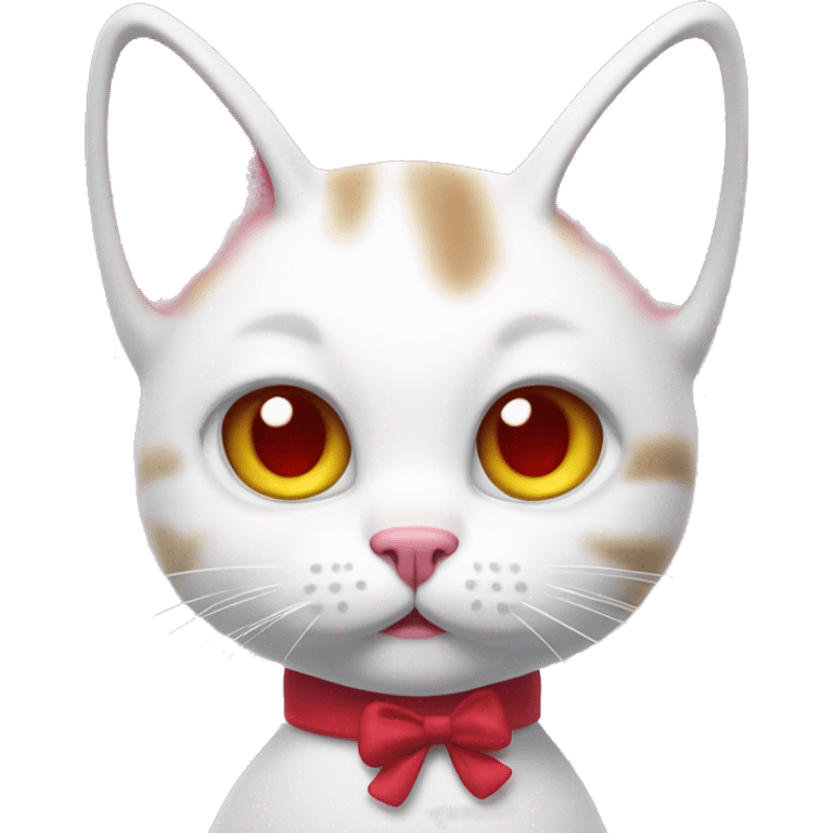 A white cartoon cat hello k with a red bow on its left ear, looking unwell, a pink liquid out of his mouth emoji