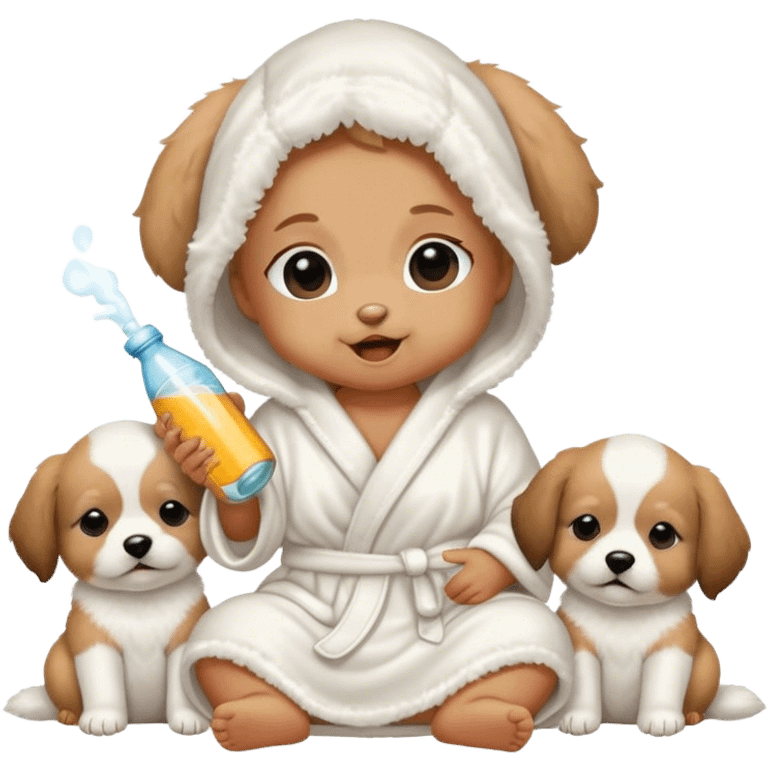 Baby with white fluffy robe and over her eyes and drinking a bottle and sitting next to puppies  emoji