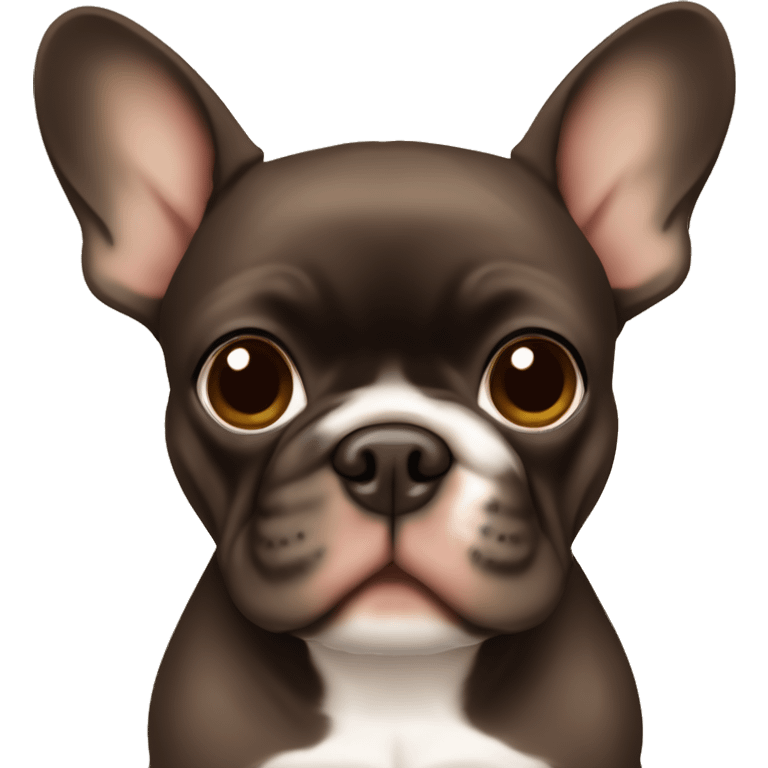 A small dark brown and tan French Bulldog, with an all brown face with tan eyebrows and cheeks and brown eyes. emoji