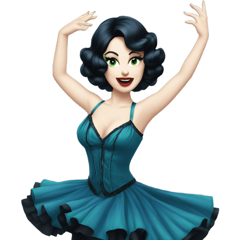 Burlesque dancer wearing blue with black hair, pale skin, and green eyes in a dark blue vintage costume dancing emoji