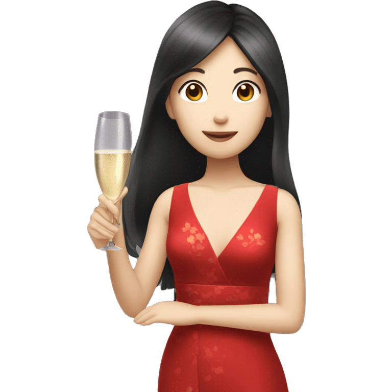 Long hair Japanese girl holding a champagne glass in red dress  emoji