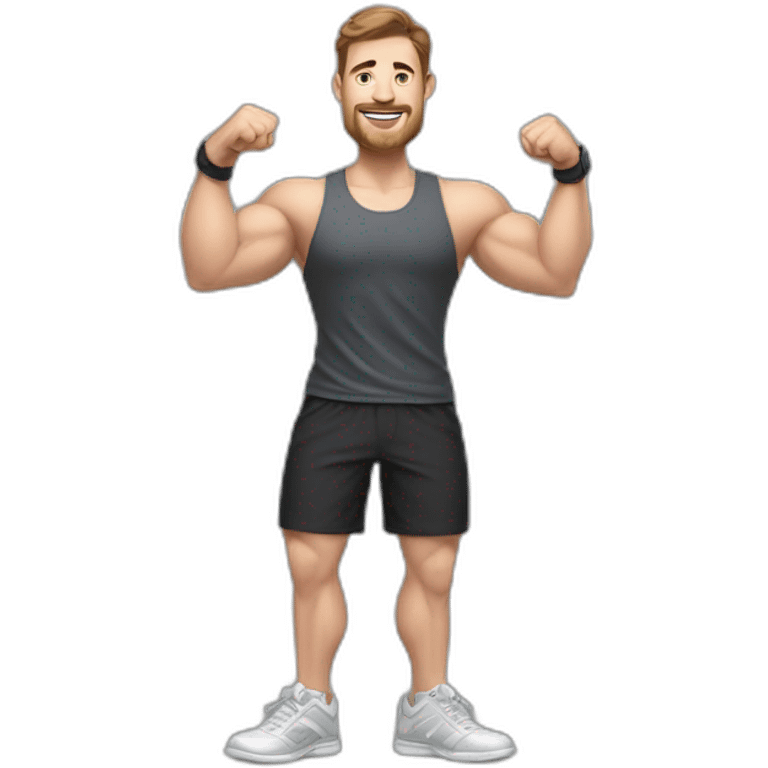 Full height realistic Actively gesturing with hands Pale skinned Fit Man With the biceps and brown hair in dark gray Sleeveless Mike, black oversize sports shorts, watch and white Sneakers emoji