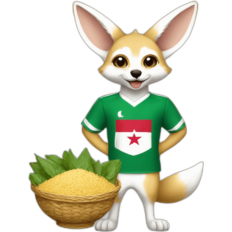 Algerian fennec wearing algerian football kit holding algerian food emoji