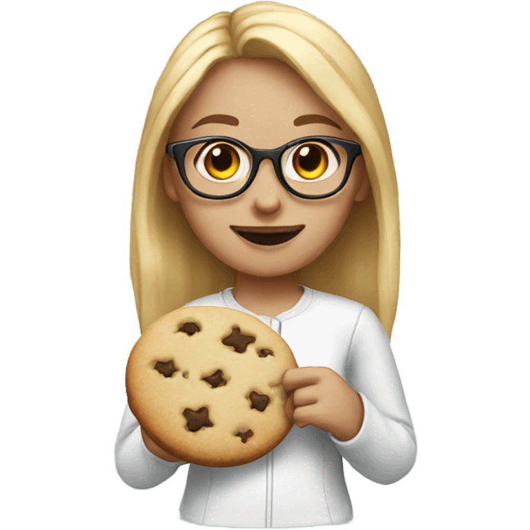 girl with blonde hair and glasses holding a cookie emoji