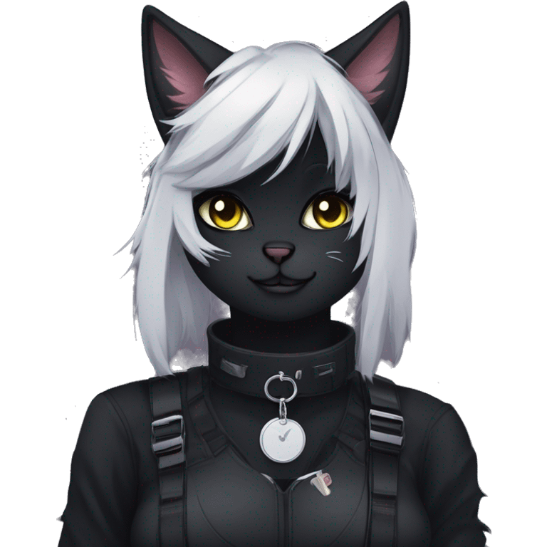 Gorgeous furry dark techwear anime style anthro black cat fursona with blushing face aesthetic and pretty edgy black with collar and harness trending style emoji