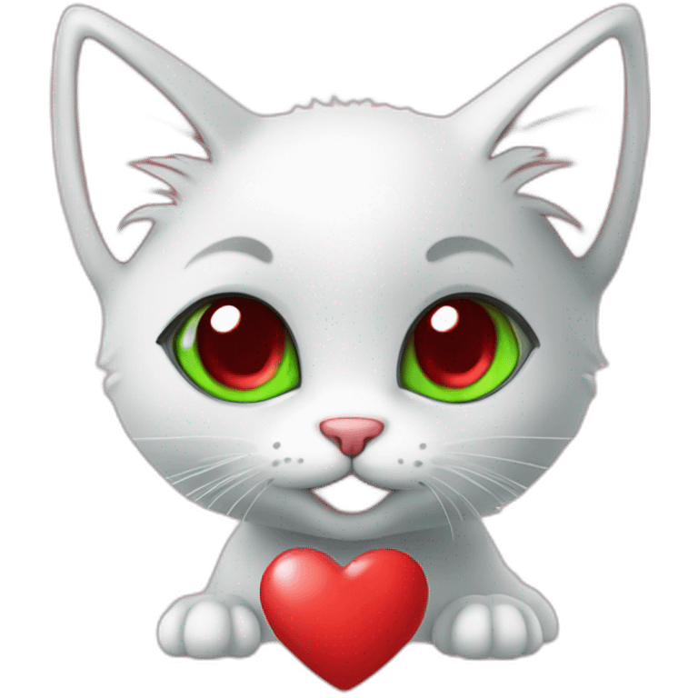 Super cute kitten with green anime eyes holding red hearts emoji