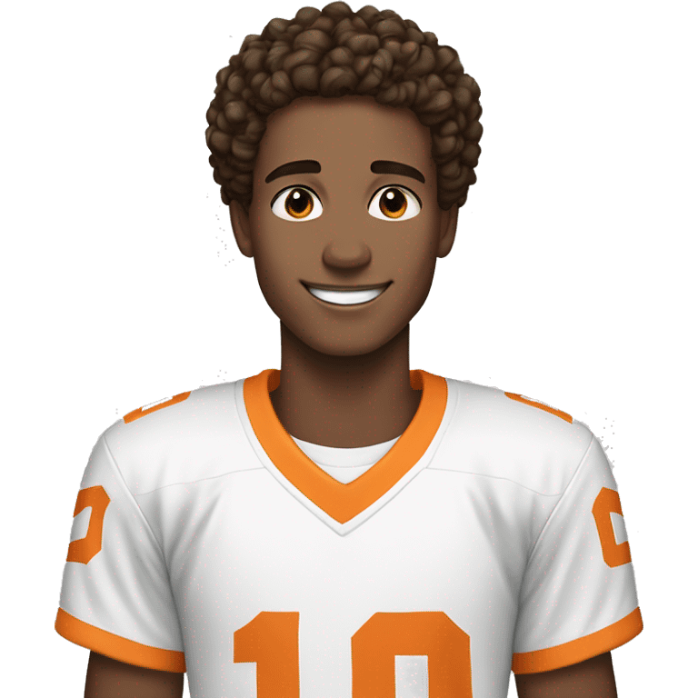 Boy, 20 years old, light skin, dark brown hair, hair short and curly, brown eyes, has freckles, smiling, wearing a white jersey  emoji