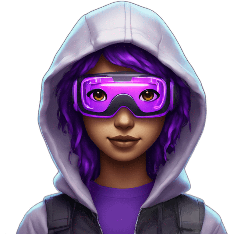 light-skin teen student in the black hoody with violet letters "SN" on it wearing vr headset. Cyberpunk style. Violet neon. emoji