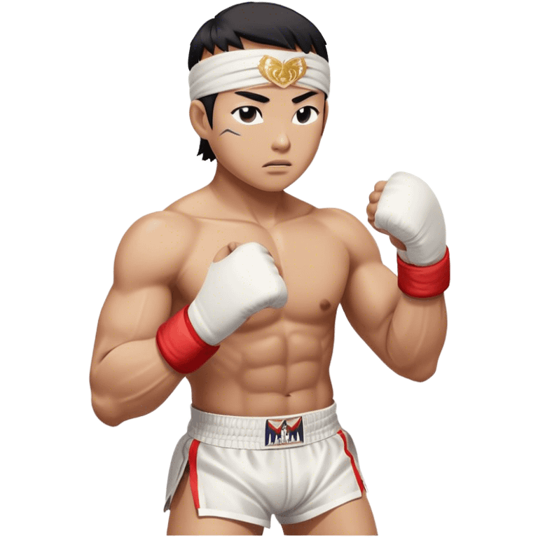 ​Cinematic Realistic Traditional Muay Thai Fighter, depicted in authentic attire featuring white bandaged gloves wrapped around his fists, a traditional headband tied neatly, and classic Muay Thai shorts, captured in a dynamic fighting stance under dramatic, high-energy lighting that highlights the raw power and elegance of the art, emoji