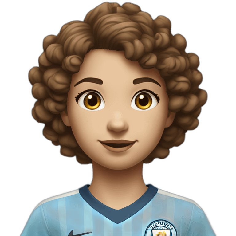 girl with short curly brown hair and eyes wearing Manchester City football shirt, fluro orange soccer boots, number 15, standing with a soccer ball emoji