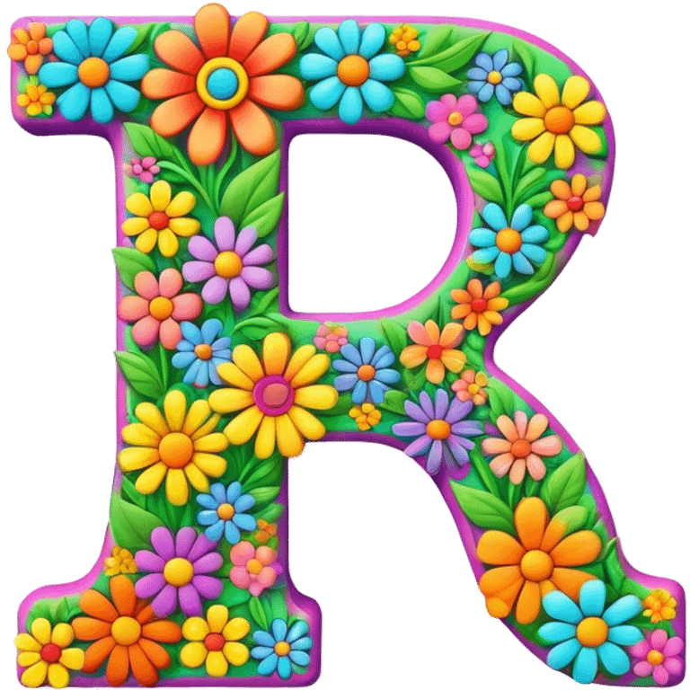 3D style, psychedelic colored Letter A with hippie style flowers emoji