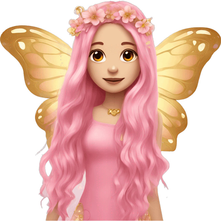 Beautiful, flower, fairy, pink, gold, long hair, butterfly wings emoji