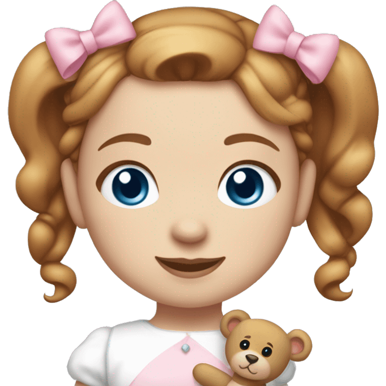 Little Girl with White skin, blue eyes. Light brown and red hair in two ponytails, with light pink bows.  She is wearing a light pink and White dress, standing and holding a teddybear with a pink bow. emoji