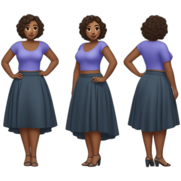 full-body-curvy-beauty-in-a-short wide skirt as three-view drawings emoji