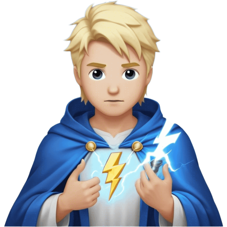 god with lightning, blond, in a blue cloak and white T-shirt. Holds lightning in his hand on his shoulder that glows with a white-blue light emoji