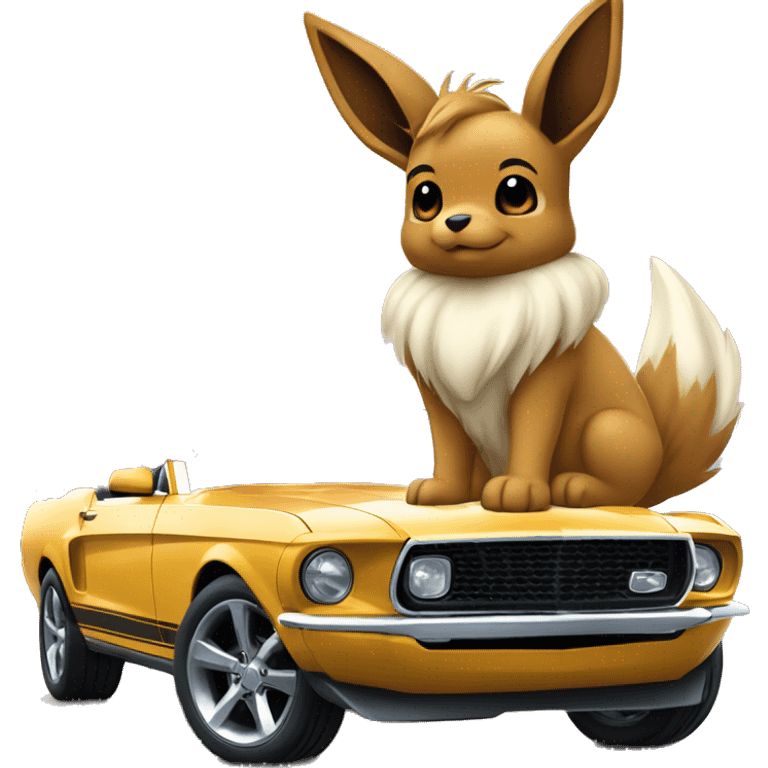 Eevee sitting next to a mustang the mustang is bigger than Eevee, in the background is the world behind them  emoji