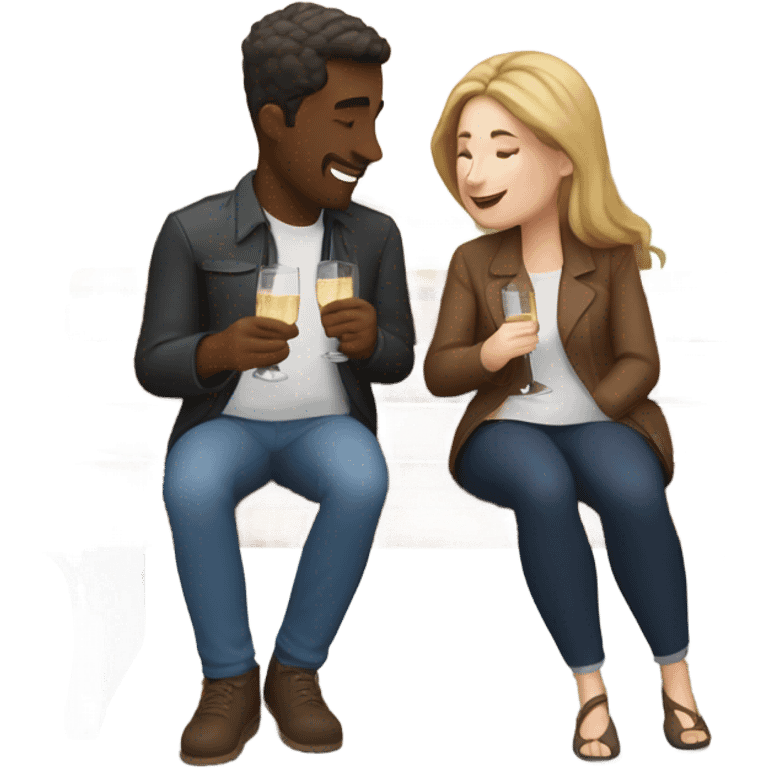 couple of white people with brown hair, sitting closely on a park bench, enjoying a romantic moment. One person is holding a croissant, and the other is holding a glass of Prosecco.  emoji