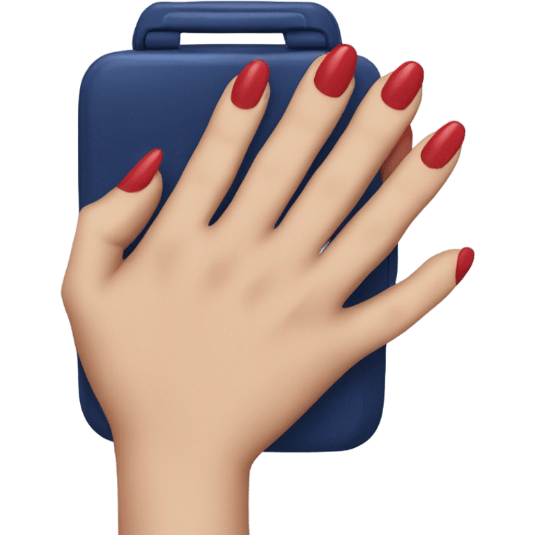 
female hand with red manicure holding a dark blue case emoji