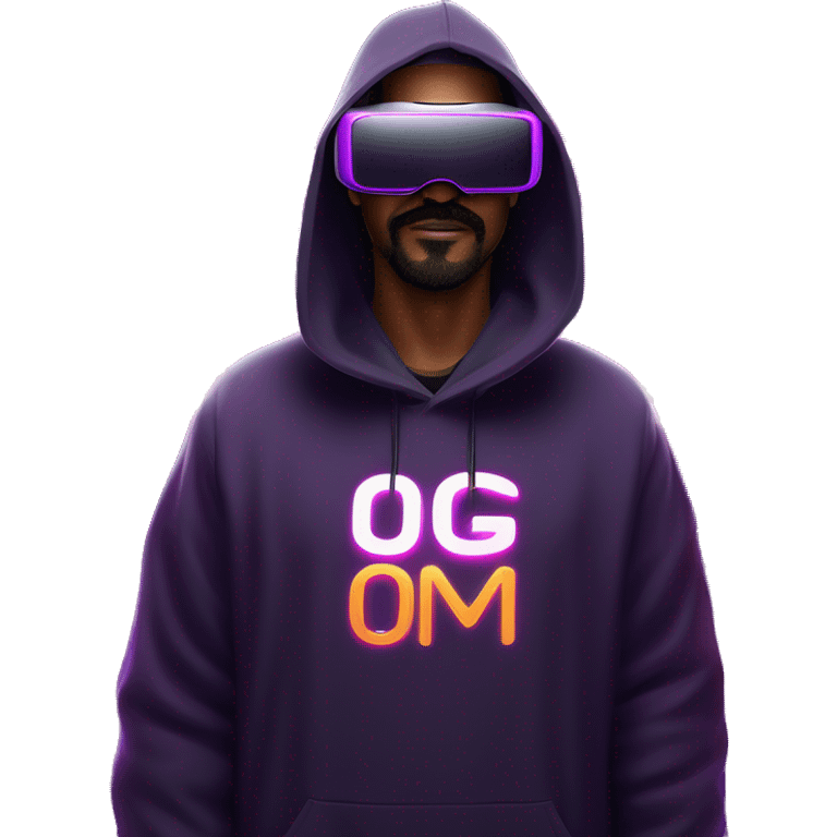 Big Lebowski wearing a black hoodie with "OMG" letters on it and VR headset oculus quest 2 in a cyberpunk VR environment with violet neon lighting. emoji