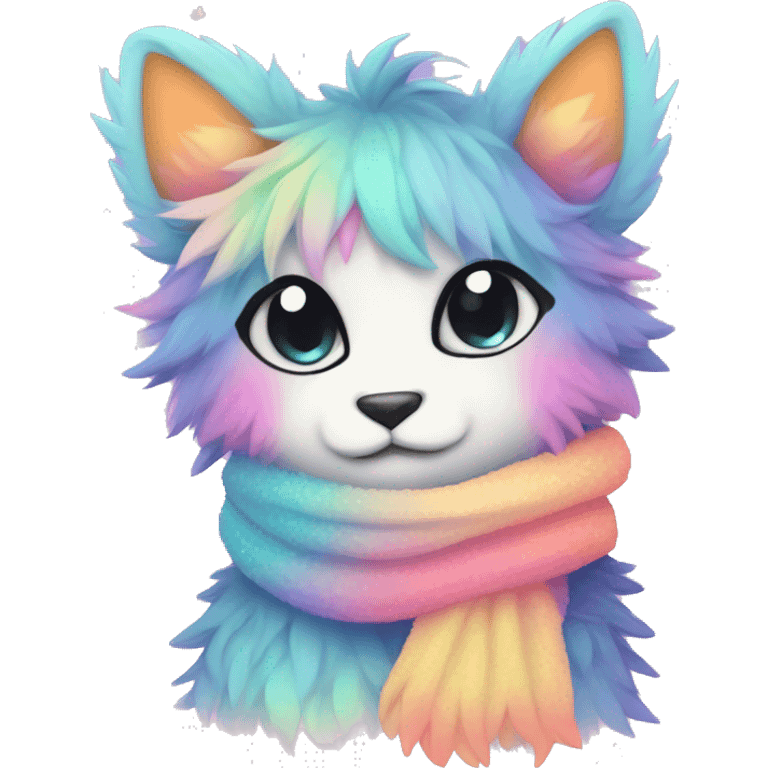 Edgy Kawaii cute gorgeous colorful sparkly bright light pastel gradient fantasy ethereal fluffy fursona animal creature with a cute scarf full body emoji