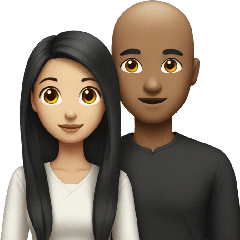 Bald black boy and Asian girl with long black hair  emoji