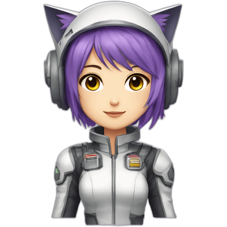 Jean Faymas Jets Anime mech pilot girl with short straight purple hair white pilot suit and short metal cat ears emoji