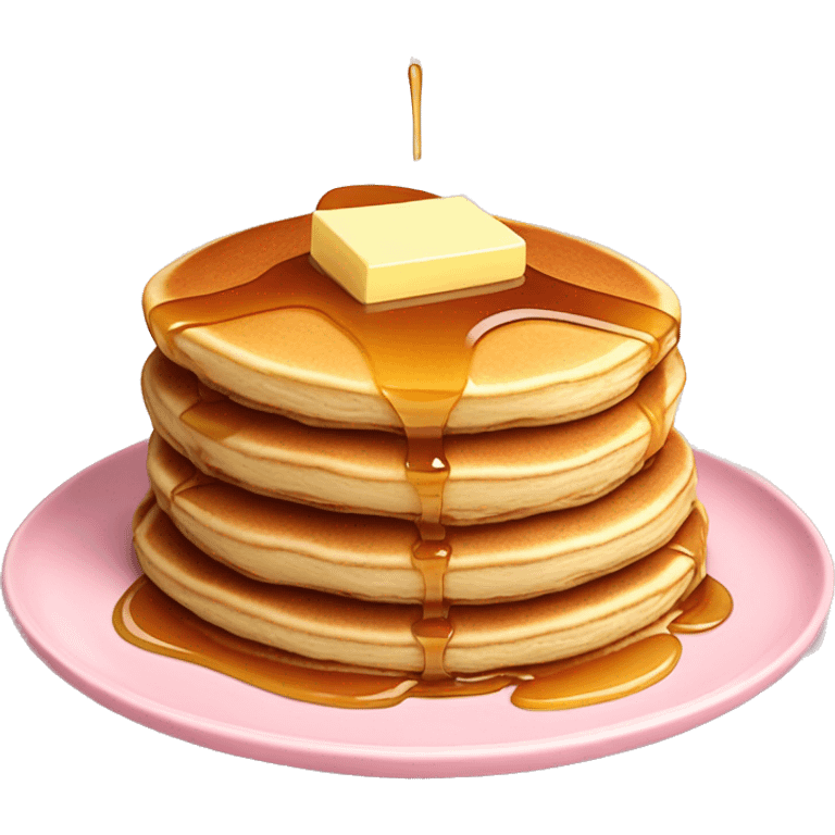 Stack of pancakes with butter and syrup on a light pastel pink plate  emoji