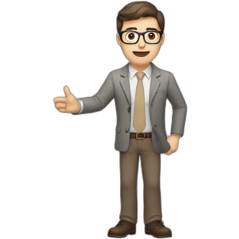 To belt Actively gesturing with hands Pale skinned fit man teacher with dark brown hair in gray jacket, beige office shirt, brown tie, brown pants and vintage glasses. emoji