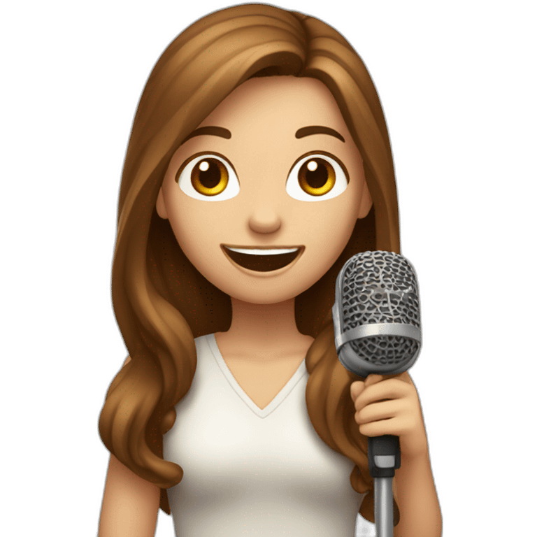 Caucasian girl with long Brown hair holding a michophone singing happy emoji