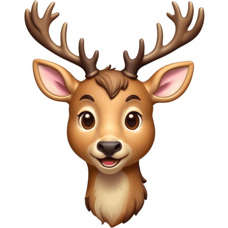 Cinematic Comical Deer Portrait Emoji, Head tilted dramatically with an exaggeratedly amused expression, featuring a sleek dappled Fur and whimsically contorted antlers, wide, expressive eyes filled with playful disbelief, Simplified yet hilariously expressive features, highly detailed, glowing with a slightly sassy glow, high shine, dramatic yet playful, stylized with an air of cheeky woodland mischief, bright and endearing, soft glowing outline, capturing the essence of a spirited and over-the-top deer, so meme-worthy it feels like it could side-eye its way into forest folklore instantly! emoji