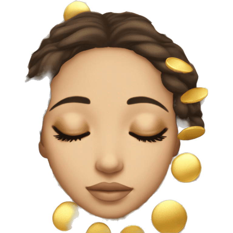 pretty light skinned brunette girl sleeping with gold eye gels under her closed eyes soft textures no background emoji