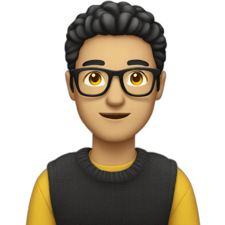 White man with yellow tinted glasses and black hair in a jumper sitting on a chair emoji