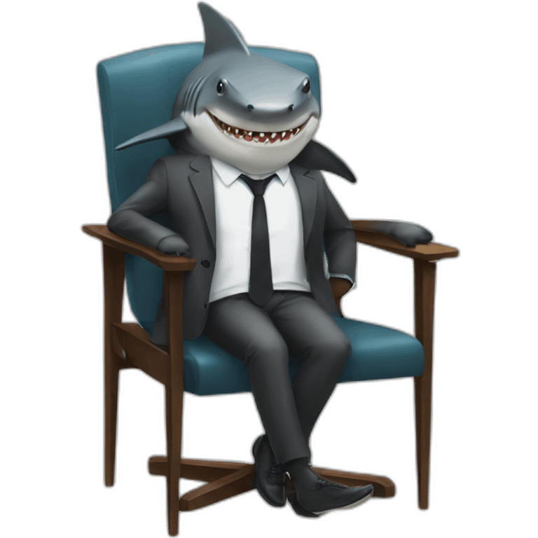 A shark sitting on a chair wearing a suit looking straight emoji