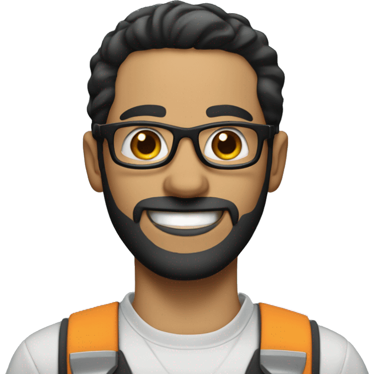 white man smiling, black hair, black beard, round glasses, brown eyes, dressed as a car mechanic emoji