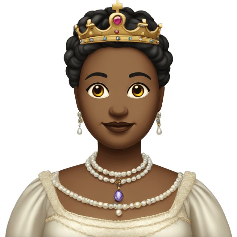 Chubby 35 year old female queen with large breasts. Dark and tied back hair, eyes light-coloured and a bit wide-set. Elizabethan queen's dress and a lot of jewellery such as pearl necklaces, earrings and a crown. She wears an embroidered sash. emoji