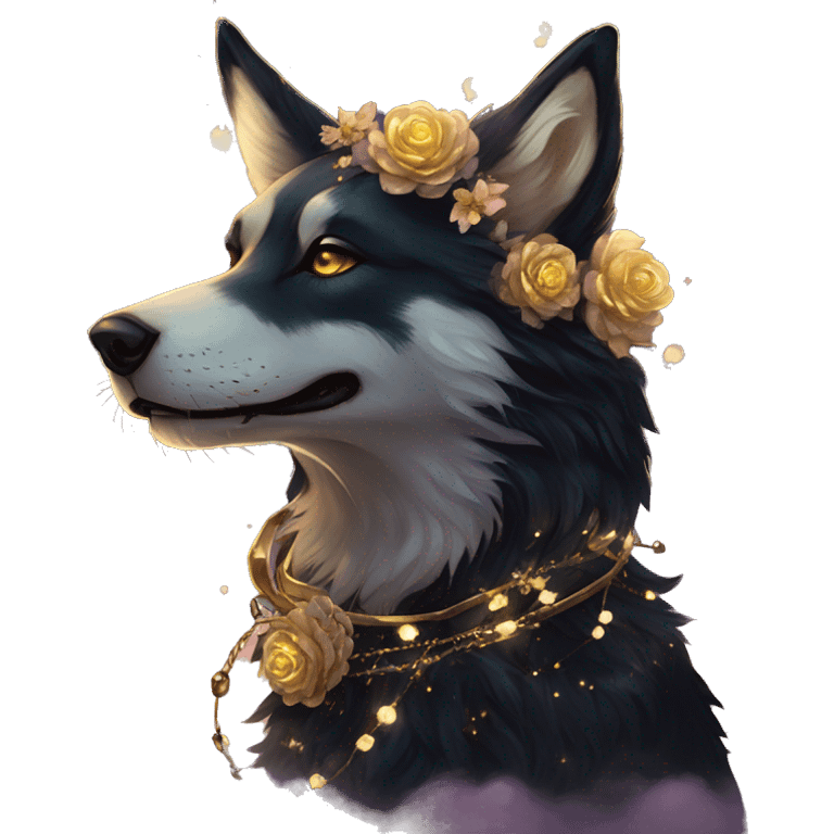 Black iridescent fluffy dog fox head zombie skeleton gold mechanical nebula galaxy stars flowers fairy lights vintage emoji