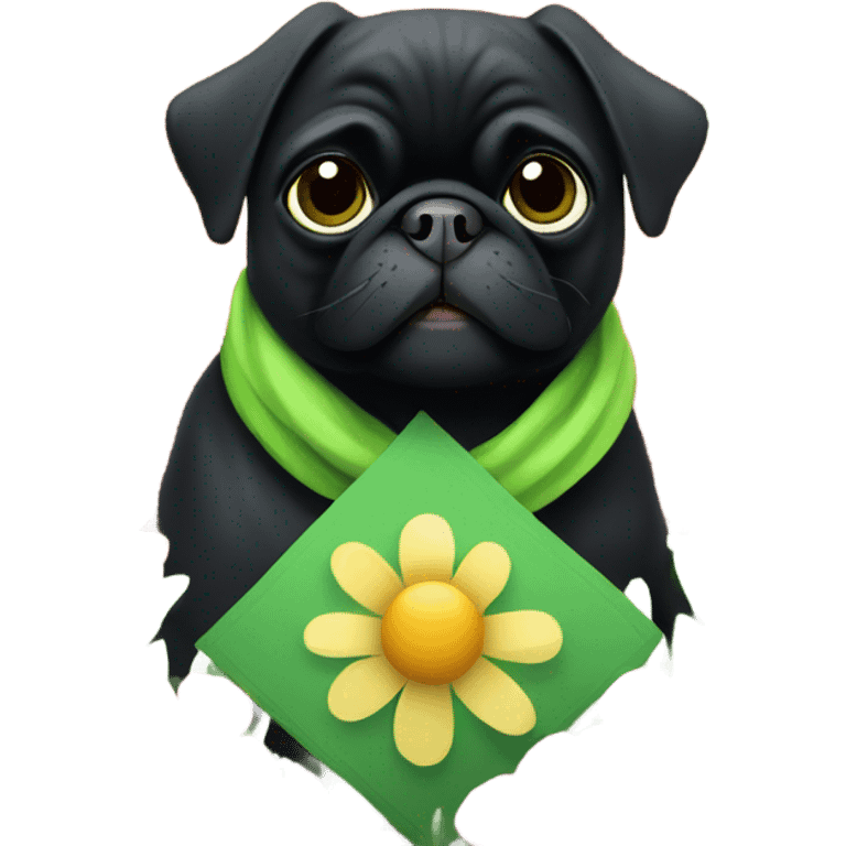 Black pug , surrounded by flowers, holding a green sign that says “good luck”  emoji