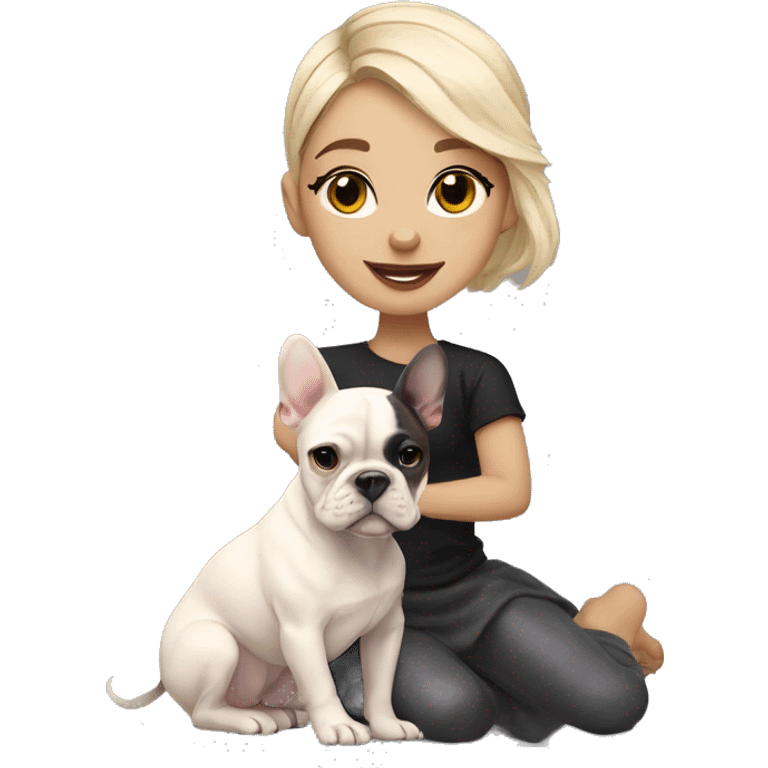 light-skinned and fair-haired dancer with a French bulldog merle puppy emoji