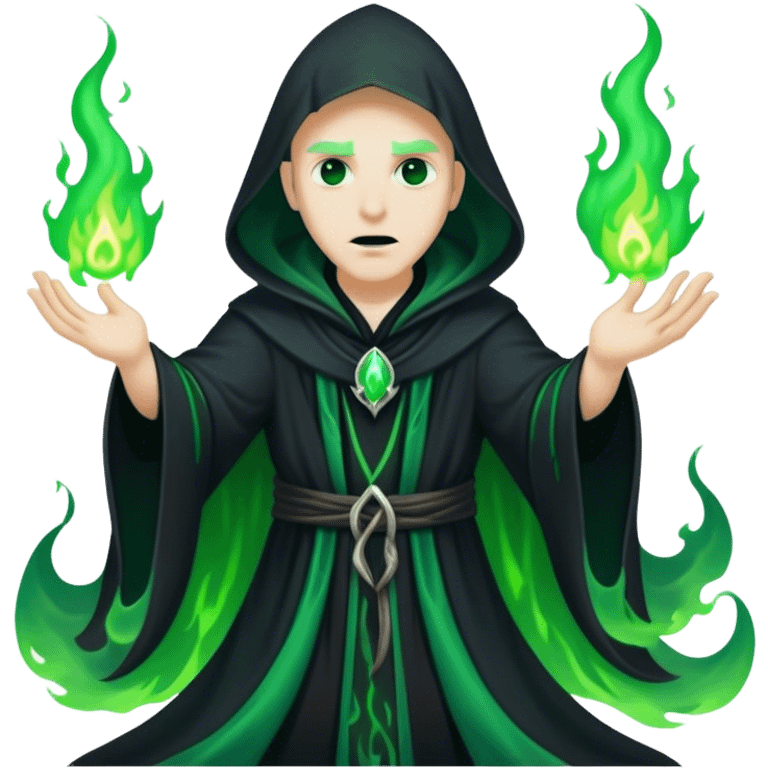 A dark sorcerer in flowing black robes, conjuring eerie green flames emoji