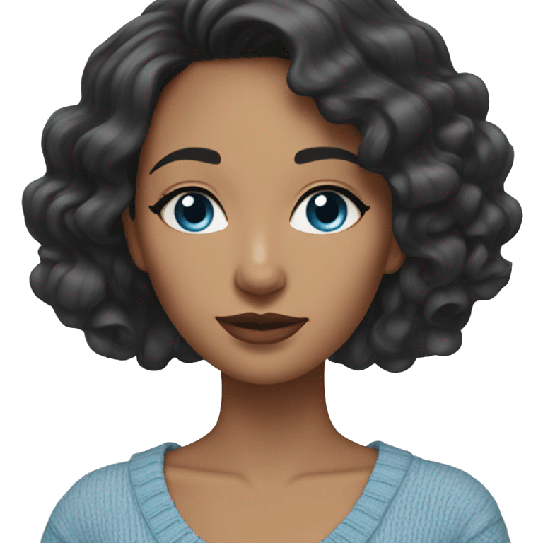 woman with black wavy hair with blue eyes and tan skin and off shoulder light blue sweater emoji