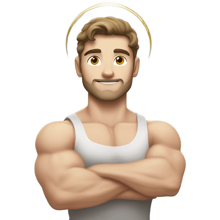 pretty muscular pale brunette man flexing with a halo emoji