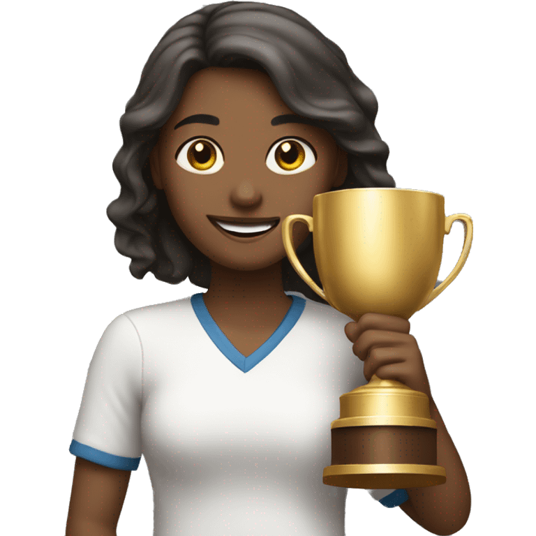 A girl is happily holding a trophy. emoji