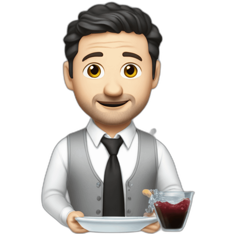 tim robinson dark black slicked back hair white long sleeve waffle shirt with a light grey vest pouring water on a steak -tie emoji